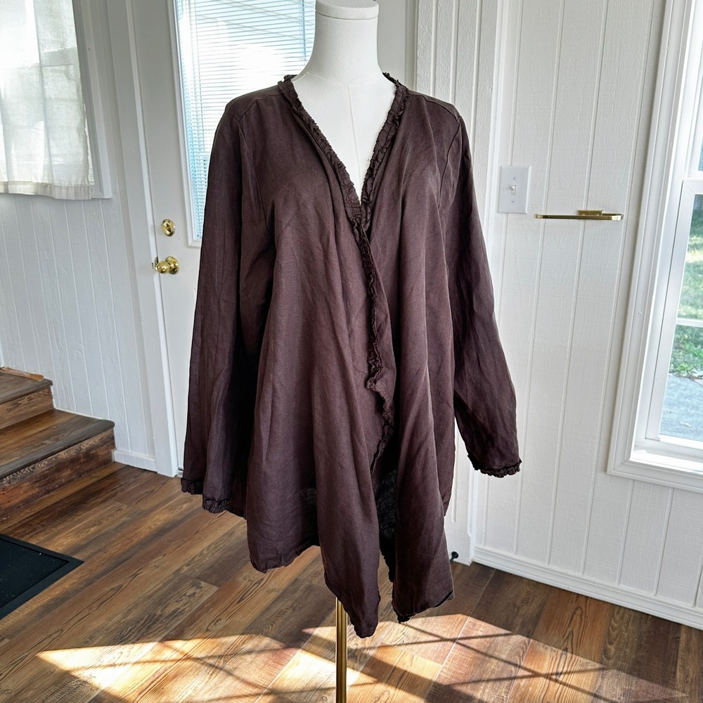 Match Point Womens Cardigan Size M Brown Lagenlook Ruffle Trim Open Front Layer